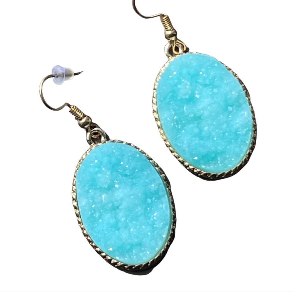 Robins Egg Blue Druzy Stone Fishhook Earrings • NWT